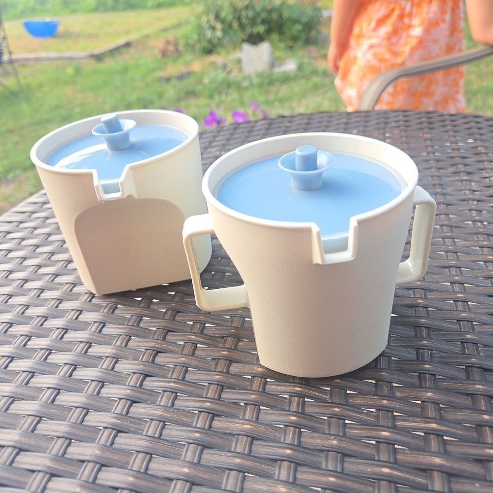 Vintage 1970's Tupperware Creamer 1414 and Sugar 1415 Almond with Blue Lids